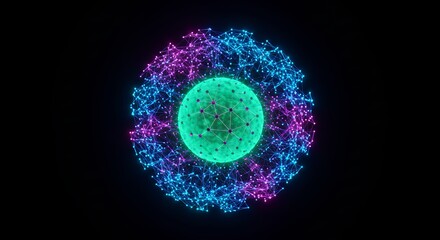 Abstract Technology Concept Featuring a Glowing Sphere Surrounded by Connected Network Nodes in Neon Colors on a Dark Background