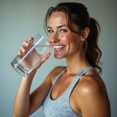 A radiant woman staying hydrated with a refreshing glass of water and bright smile 