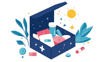 collection of modern vitamin, supplement, and pharmaceutical illustrations, showcasing production, packaging, usage, and health benefits for commercial and educational use.