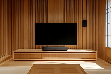 Fototapeta premium Modern Wooden Living Room with Flat Screen TV