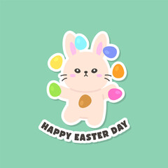 Playful Bunny Juggling Colorful Easter Eggs with Happy Easter Day Text