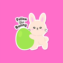 Adorable Bunny Holding Green Easter Egg with Follow the Bunny Quote