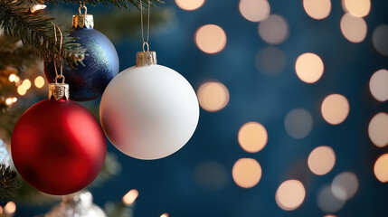 Colorful ornaments hanging on a Christmas tree with blurred lights