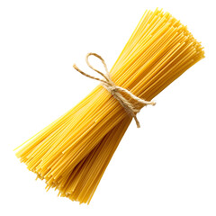 A bundle of dry spaghetti tied with twine against a black background in a studio setting view from above