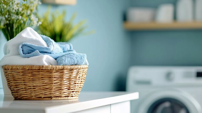 Wicker laundry basket overflowing with clean towels in laundry room