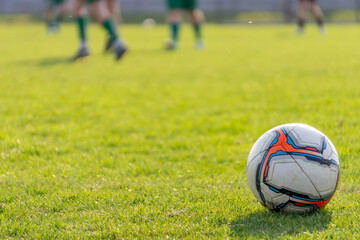 soccer ball on the green grass of the pitch. soccer players on the pitch