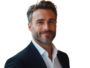 Professional Man: A sophisticated man in a well-tailored suit, exuding confidence and charisma with a warm, engaging smile, set against a clean, modern backdrop.