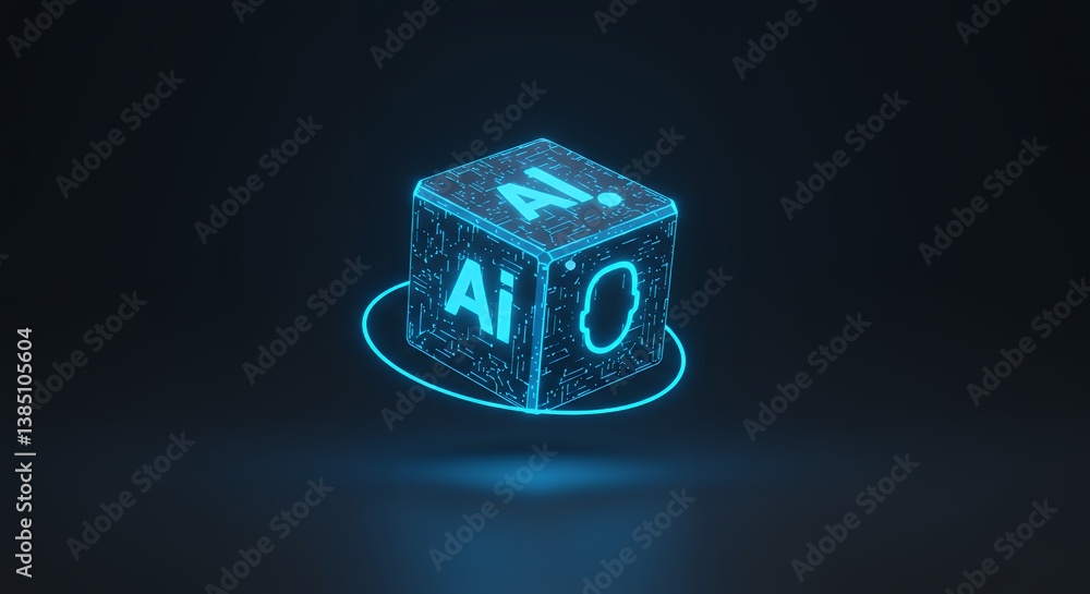 Poster futuristic glowing cube with ai artificial intelligence concept floating in dark space, representing