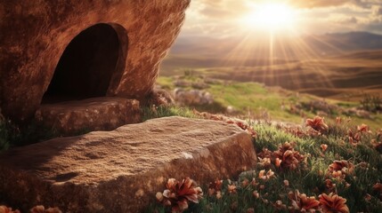 Sunrise over an ancient burial site with flowers blooming in a serene landscape