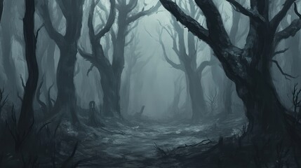 Obraz premium Foggy, eerie forest path; dark, mysterious, spooky background; fantasy; digital art; suitable for Halloween or horror themes