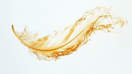 Delicate golden feather gracefully intertwined with splashing liquid in abstract composition