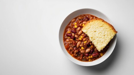 A bowl of hearty chili with beans and cornbread on the side. Featuring rich flavor and comfort