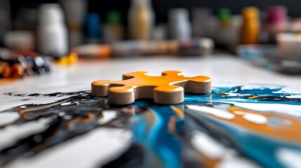 Orange Puzzle Piece on Abstract Fluid Art Painting.