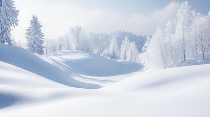 Pure white snowy landscape with soft curves and delicate shadows creating a tranquil and calming atmosphere during winter in a serene environment