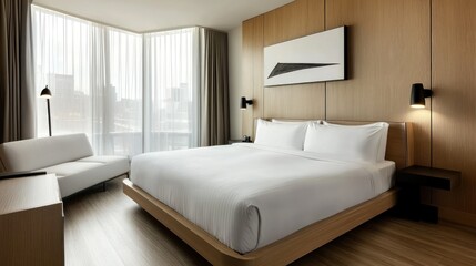 Modern hotel bedroom with city view, ideal for a relaxing stay
