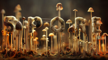 A mycologist cataloging fungal species with the word SPORE suspended above  