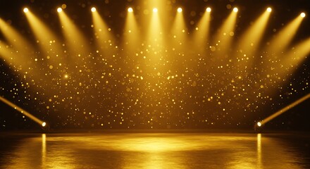 Golden stage with spotlights and bokeh for awards ceremony