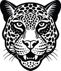 Vector Leopard  Jaguar Head Logo – Tribal and Modern Wild Cat Illustration with Bold Black and Orange Pattern, Blue Eyes, Tattoo Style Art
