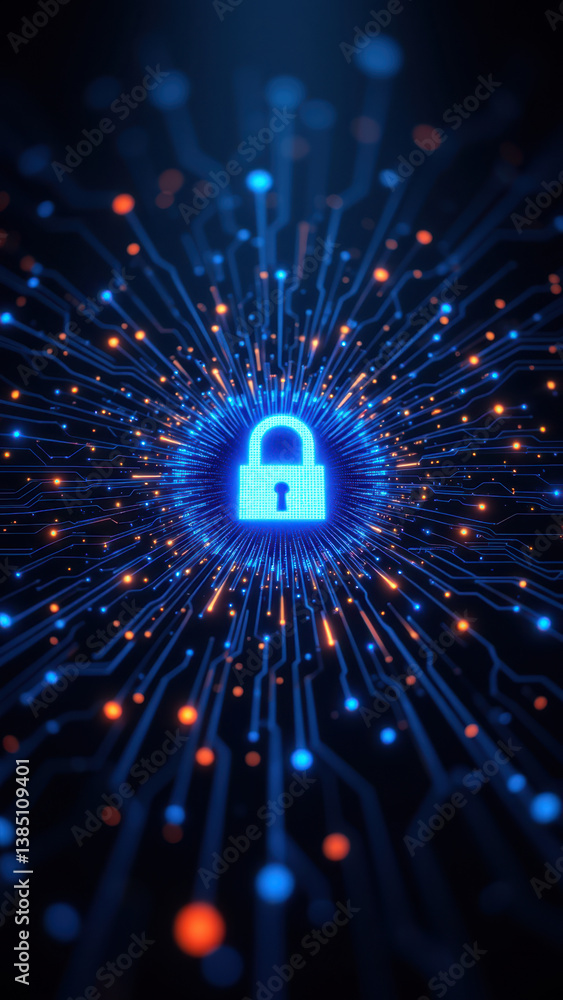 Poster cybersecurity concept with a lock icon surrounded by digital connections, representing network secur