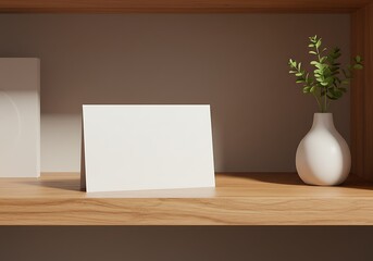 Blank card mockup on shelf with vase for stationery branding template