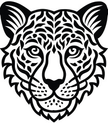Vector Leopard  Jaguar Head Logo – Tribal and Modern Wild Cat Illustration with Bold Black and Orange Pattern, Blue Eyes, Tattoo Style Art