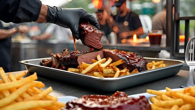 Chef in black gloves slicing juicy barbecue meat with fries on tray at outdoor food stall with fire and crowd in background