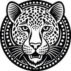 Vector Leopard  Jaguar Head Logo – Tribal and Modern Wild Cat Illustration with Bold Black and Orange Pattern, Blue Eyes, Tattoo Style Art
