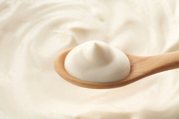 Spoon with delicious mayonnaise sauce, closeup view