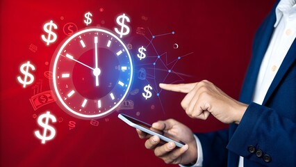 Man using phone with clock and dollar signs floating on a red background in a business concept image