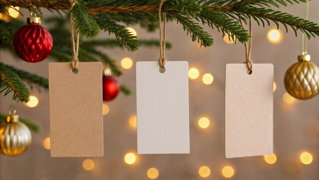 Blank Gift Tags Hanging on Christmas Tree with Decorated Background  