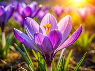 Close-up shots capture the breathtaking color and detail of springtime's purple crocus wildflowers.