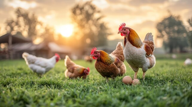 Free-range chickens foraging in a grassy field at sunrise