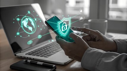 Person using a smartphone with a digital shield and padlock overlay next to a laptop on a desk 