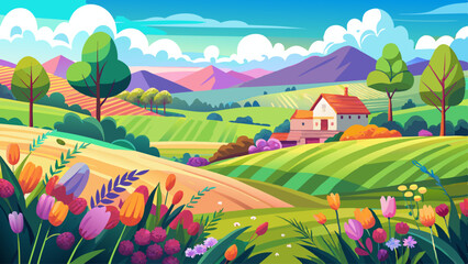 Naklejka premium A colorful meadow in spring, with rolling hills and a distant farmhouse