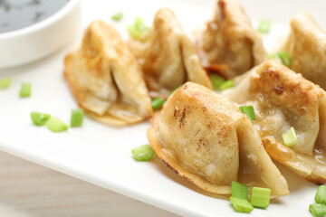 Fried gyoza dumplings with green onions and soy on white table, closeup