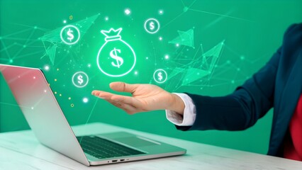 A person reaching out to a money bag icon with a laptop on a desk and a green background behind them