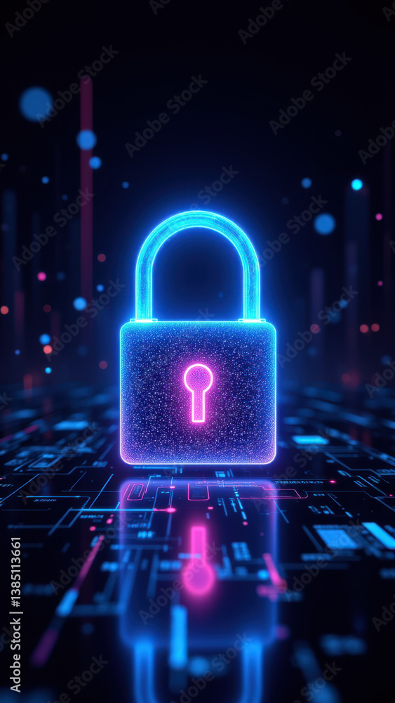 Poster a digital representation of a lock icon against a vibrant background with cybernetic elements, symbo