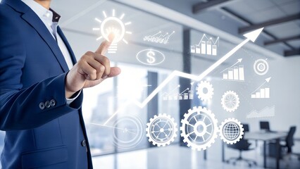 Businessman presses virtual screen button in a digital technology concept