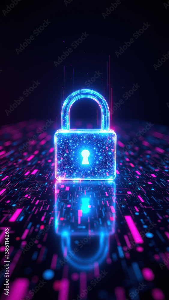 Aufkleber a digital lock on a colorful abstract surface with neon lines, symbolizing secure online data protec