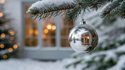 Silver Christmas ornament hanging on snowy tree background  