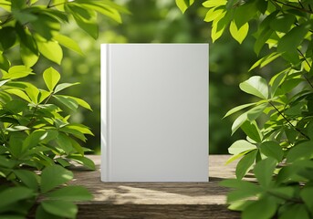 White book mockup template on wooden table with green leaves background