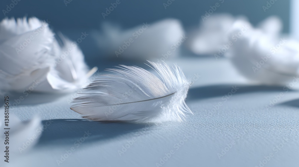 Poster soft white feathers are arranged artfully on a light surface, capturing delicate textures and evokin