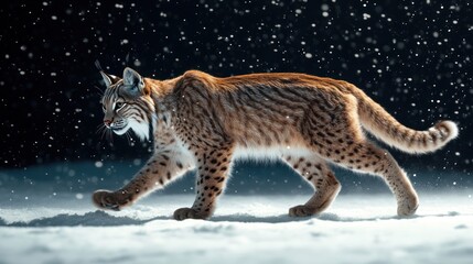 Fototapeta premium Lynx walking in snowy night