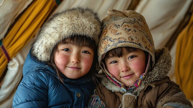 two young children wearing winter coats and hats. 