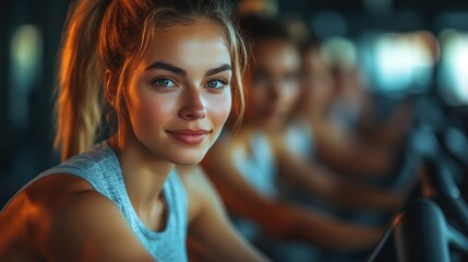 Fototapeta premium Woman on stationary bike, gym, group exercise, focused