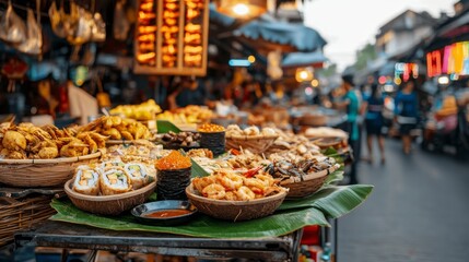 Fototapeta premium Vibrant Street Food Market with Diverse Dishes and Colorful Atmosphere at Night