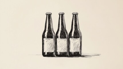 Sketch of three beer bottles on beige background
