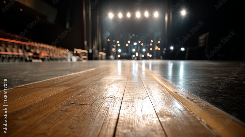 Poster bright spotlights shine on the theater ramp, emphasizing reflections and creating a moody atmosphere