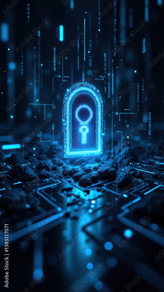 Poster a futuristic digital lock with a keyhole set against an illuminated circuit background, symbolizing 