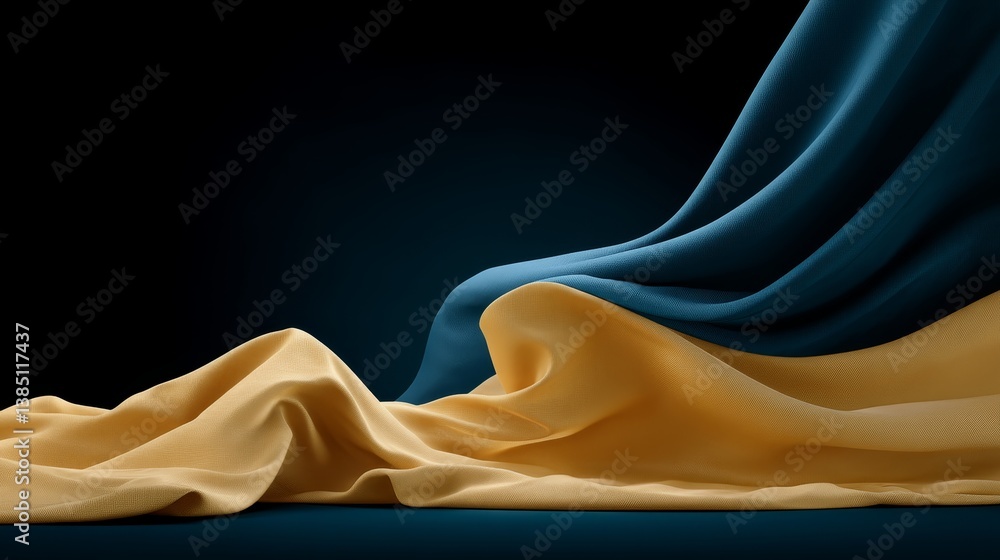 Poster flowing waves of deep cobalt and metallic gold ribbons create a sense of luxury and motion, enhanced